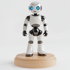 a sleek, 3d abstract digital robot hovers symmetrically above a light blue neon portal.