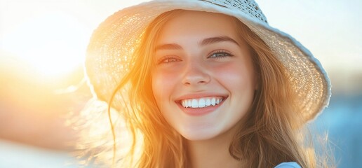 Wall Mural - Happy woman sunset beach summer hat smile