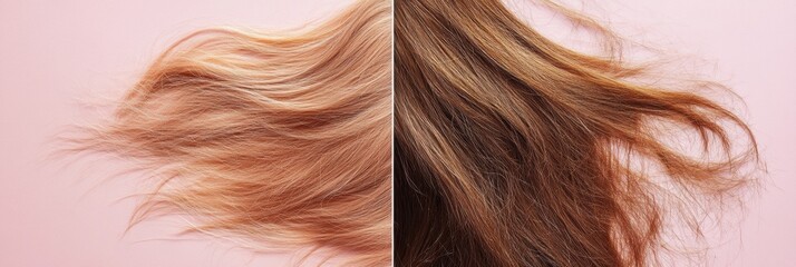 Poster - Comparison of dull damaged hair strands versus shiny healthy hair strands in a split view on a pastel backdrop. Generative AI