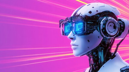 Wall Mural - a close-up of a futuristic robot clad in a white helmet, illuminated by glowing blue and pink lights