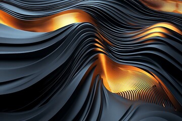 Wall Mural - 3D abstract wallpaper with dark golden and black tones, creating a deep, metallic effect. Geometric, wavy lines swirl through the background.
