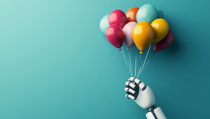 Holding brightly colored balloons, the industrial robot hand is framed by a soft blue-orange evening sky, showcased in intricate high-quality 3D detail. The robot hand is an original conception,