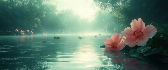 Wall Mural - Pink Flowers on Calm Water at Sunrise