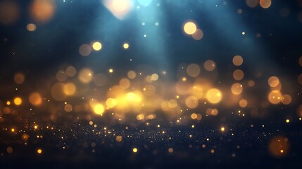 Wall Mural - A dreamy background of shimmering golden bokeh lights with a soft blue ambiance.