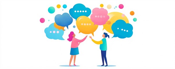 Poster - Visualizing communication: two women engaging in a conversation with thought and speech bubbles above them