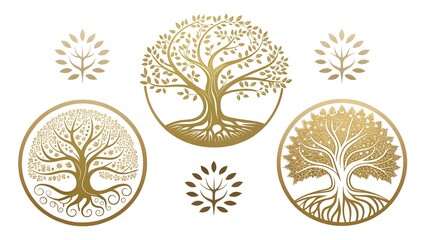 Wall Mural - Set of tree logos vector illustration in gold and white tones for environment and nature themes
