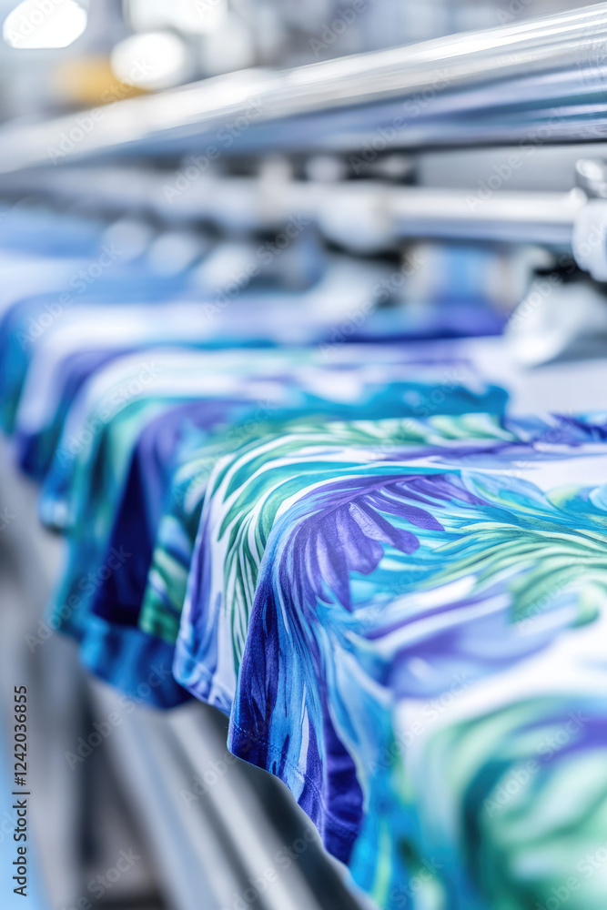 T-shirts printed on an assembly line in a garment factory, dtf color ...