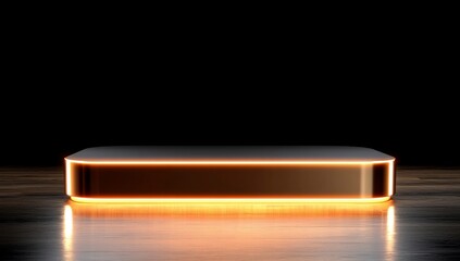 Poster - Illuminated bronze platform, dark wood floor, empty background, product display