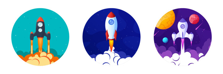 Wall Mural - rocket launch, space futuristic colorful background with planets and stars. cartoon starship, spaces