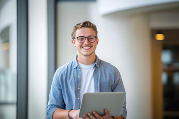 Confident young Caucasian man in casual attire with glasses smiling while holding a laptop in a modern office environment.