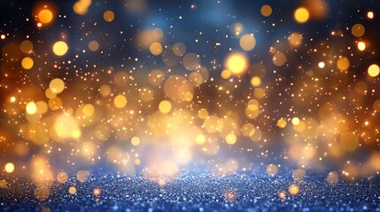 Wall Mural - A shimmering background of golden and blue bokeh lights creating a festive atmosphere.