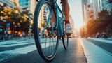 Bicycle ride through city, close-up of bicycle wheels turning, vibrant city backdrop