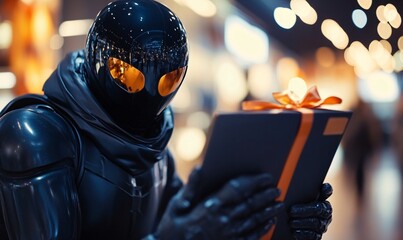 Poster - Robot wearing futuristic helmet holding gift box with orange ribbon