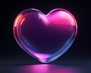 Glowing 3D-rendered futuristic heart with a vibrant neon purple and blue gradient, floating against a dark background, creating a digital love-inspired concept