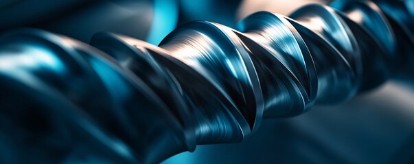 Poster - Image of a shiny metal drill bit spinning rapidly against an industrial backdrop, representing heavy industry