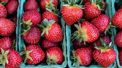 Poster - Ripe red strawberries arranged in green cardboard containers, ready to be sold