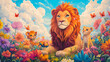 © Thiago - Whimsical encounter lion and friends sharing stories in a colorful meadow fantasy art playful animal kingdom. Animal Kingdom Inspirations. Illustration