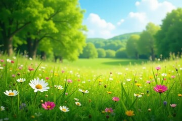 Wall Mural - Lush green meadow, wildflowers in full bloom, idyllic scene , landscape, grass