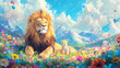 © Thiago - Whimsical encounter lion and friends sharing stories in a colorful meadow fantasy art playful animal kingdom. Animal Kingdom Inspirations. Illustration