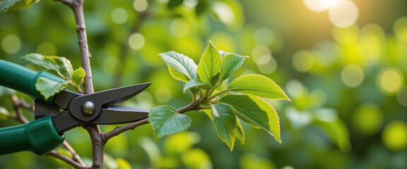 Cherry Tree Pruning in a Lush Garden Setting with Green Leaves at Sunrise