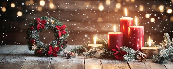 Wall Mural - Burning candles and christmas wreath creating festive mood on old wooden table with magical snowfall background