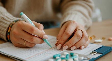 Canvas Print - A woman is writing on a piece of paper with a pen