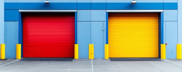 Poster - Two large colorful industrial garage doors, one red and one yellow, are closed in an industrial area