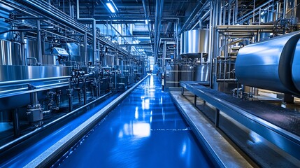 Poster - Blue toned image showing the interior of a modern beer factory with stainless steel tanks