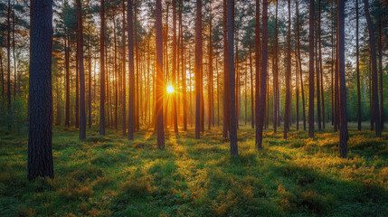 Wall Mural - Golden sunset illuminating tranquil pine forest