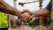 © SoGood - Construction worker team hands shaking at construction site concept. Two construction workers shake hands on a building site symbolizing partnership.