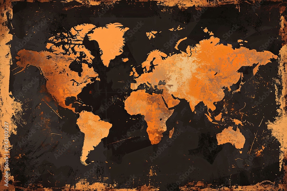 Antique world map illustration with grunge texture on vintage parchment ...