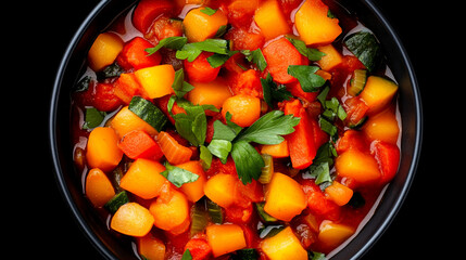 Hearty carbonada stew with vibrant vegetables and fresh parsley served in a black bowl showcasing rich colors and textures