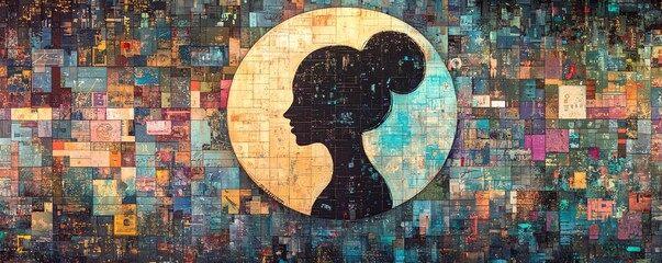 Aufkleber - Woman silhouette emerging from a colorful digital abstract background representing artificial intelligence concept