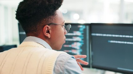 Fototapete - Screen, developer or man on computer for coding research, it support project or cybersecurity update. Scroll, back or programmer on technology for web development, programming or building software