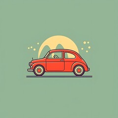 Illustration of Red Vintage Car with Stylized Sun