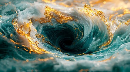 Wall Mural - A digital 3D illustration of a teal and gold whirlpool, its swirling liquid texture resembling turbulent waves, dynamic and visually captivating.
