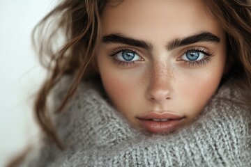 Wall Mural - A close-up portrait of a young woman with striking blue eyes, wearing a cozy gray sweater.