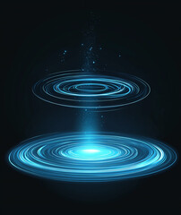 Wall Mural - futuristic glowing blue circles spinning and emitting light particles on black background