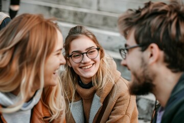 Wall Mural - Cheerful young couple in eyeglasses smiling and looking at each other