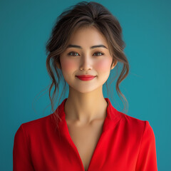 Wall Mural - beautiful smiling woman asian in business casual attire wearing vibrant red clothes blocking against on blue background