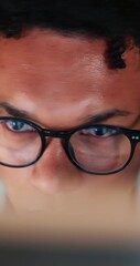 Fototapete - Hacker, coding and man with glasses by computer for ransomware phishing, cyber attack and malware threat. Reflection, programmer and focus on hacking database with fraud password and server access