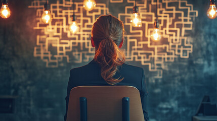 Wall Mural - Rearview of the businesswoman sitting in a chair, looking at the labyrinth or maze puzzle drawings on the wall and lightbulbs glowing. strategy for company success, employee thinking about a solution.