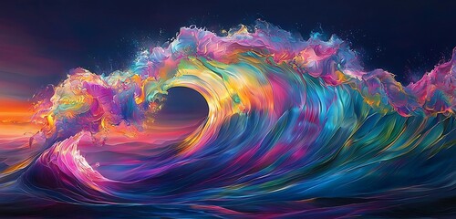 Wall Mural - A fluid, iridescent wave in vibrant neon hues of pink, blue, and green, curving through the space in a dynamic motion, capturing a sense of futuristic energy.