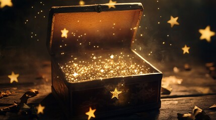 Fototapete - Old wooden box emanating golden glowing particles and star shapes, evoking a sense of wonder and magic