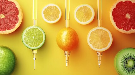possibly indicating the benefits of vitamin c or genetic modification, syringes injecting citrus fru