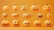 © Brynjar - Set of Halloween pumpkins with a variety of scary joyful smiles 3D orange pumpkin collection isolated on an orange background perfect for decoration elements