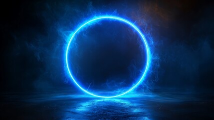 Wall Mural - a glowing blue circular light frame on a dark background, offering a futuristic placeholder design e
