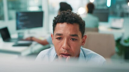 Aufkleber - Developer, confused or man reading on computer for research, project or cybersecurity update. Face, solution or programmer coding with technology for web development, programming or building software