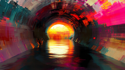 Infinite tunnel with glitch effects and pixelated textures, futuristic digital theme, vibrant and distorted colors abstract tunnel, glitch art. Distorted Reality Effects. Illustration