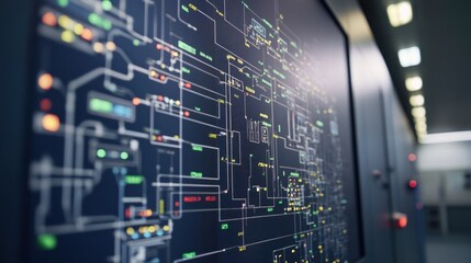A factory control panel displaying a real-time process flow chart for production tracking.